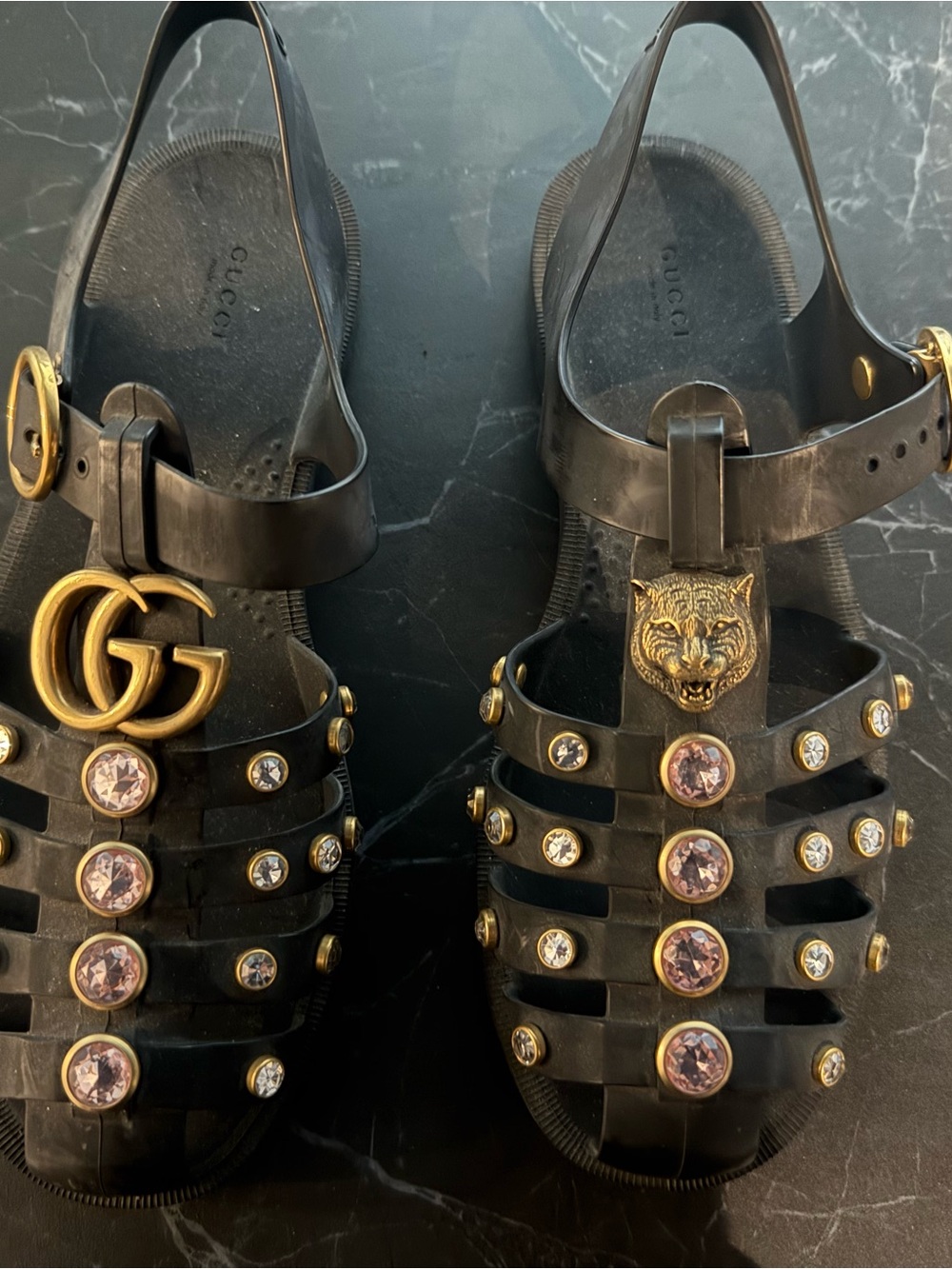 Gucci Crystal Embellished Jelly Sandals | Size 37 | Black & Gold